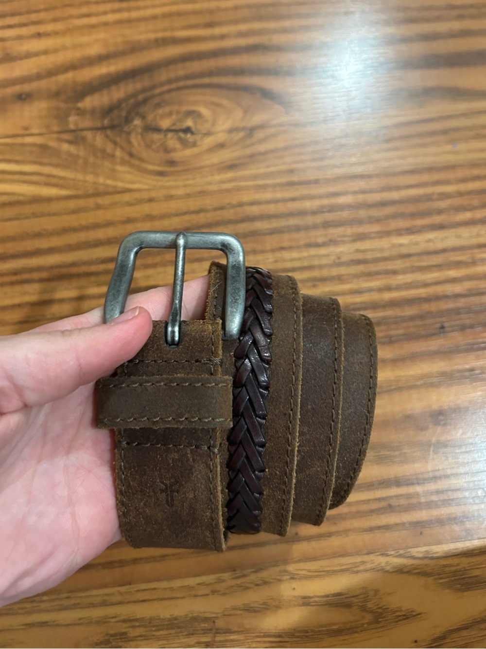 Frye Brown Suede Belt with Dark Brown Braided Accent